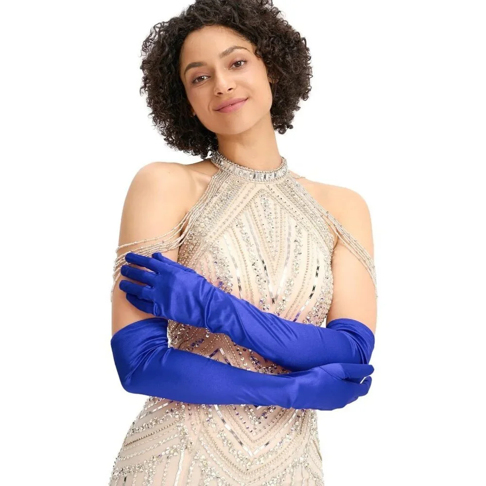 Women's Evening Royal Blue Satin Gloves Elbow Length Formal Party Prom Wear